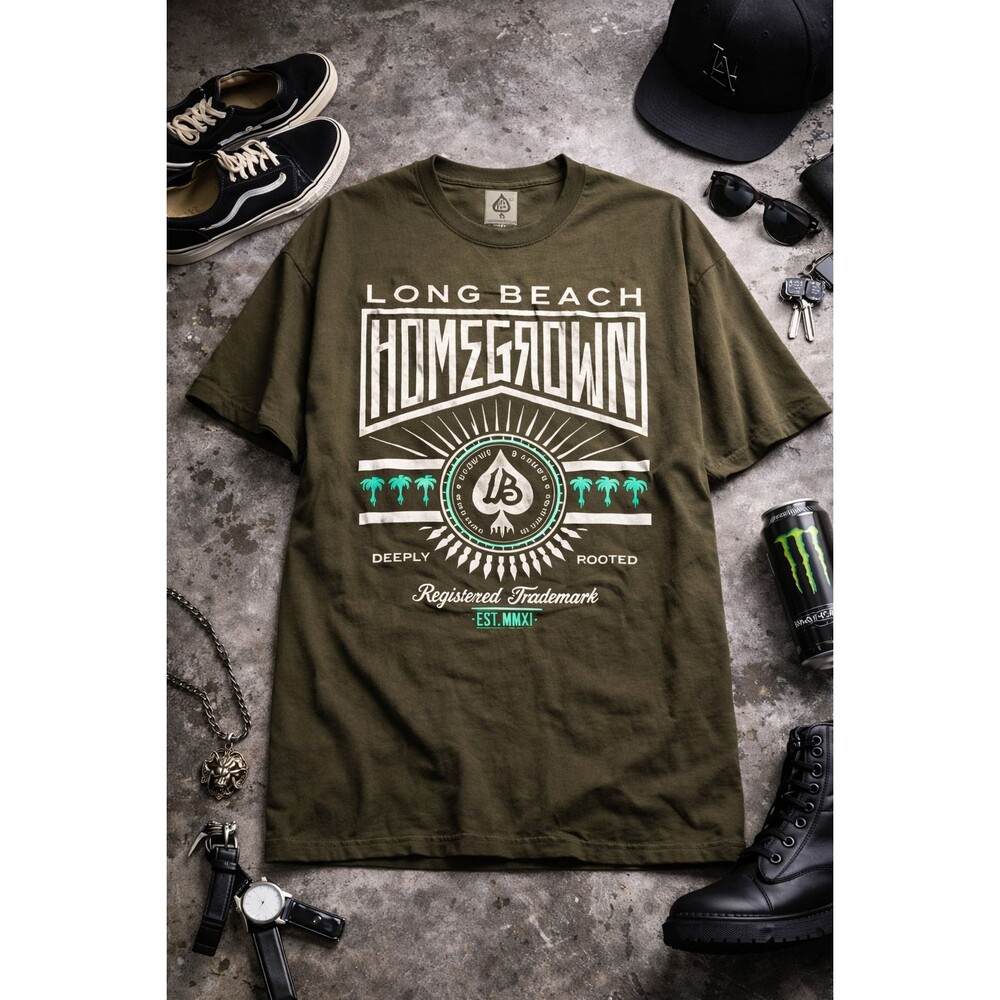 Y2K HomeGrown Long Beach T-Shirt Men’s L Olive Green Cali Streetwear Graphic Tee